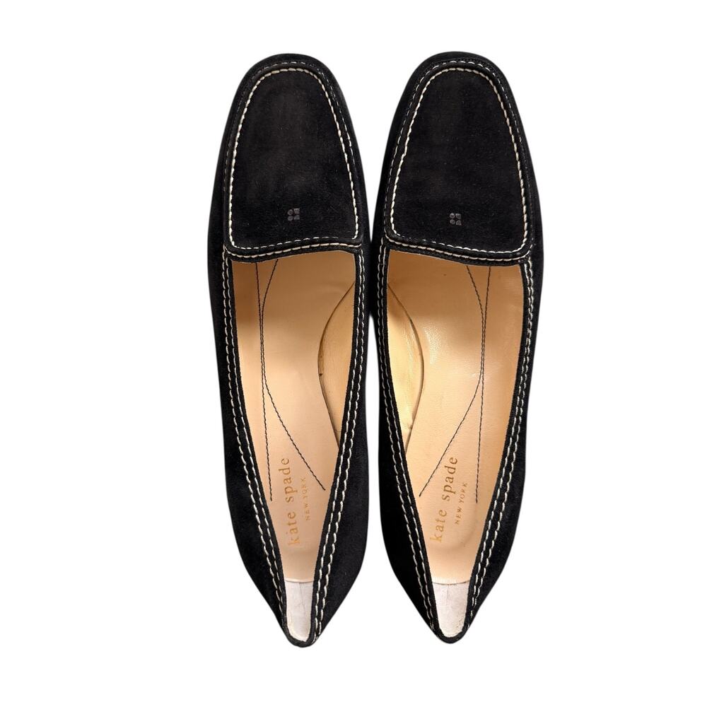 Kate Spade New York Black Suede Loafer Low Wedge White Contrast Stitch Italy 9.5
